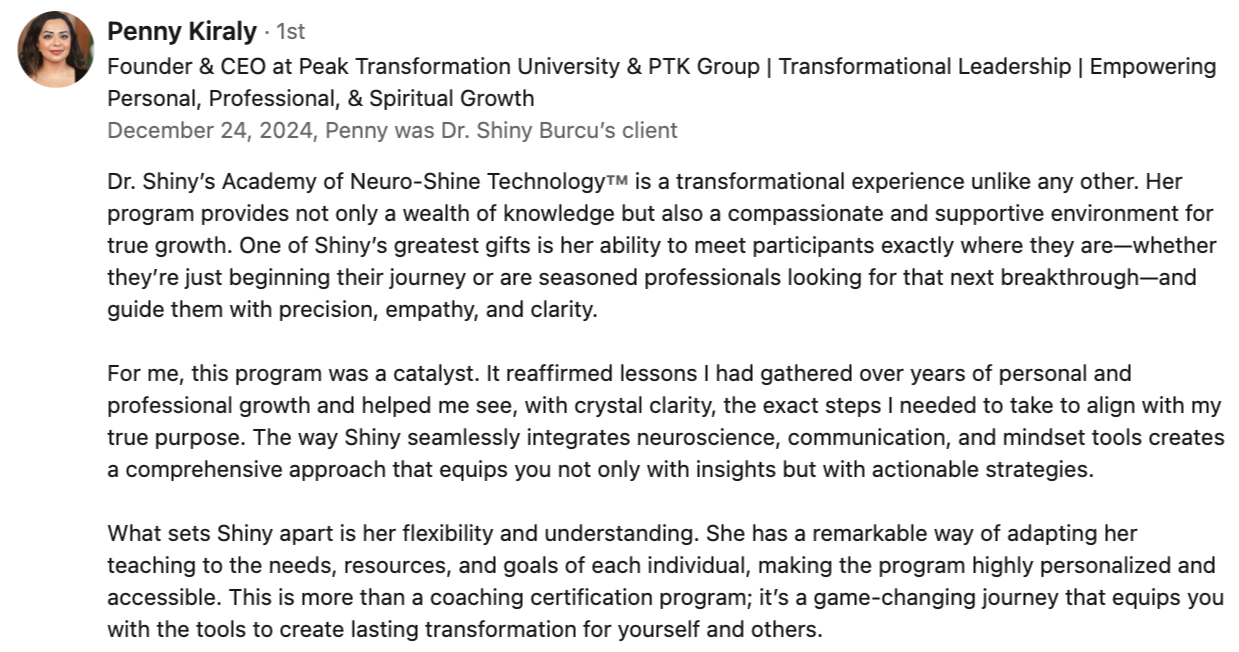 Neuro-Shine Technology™ Shiny Minds Breakthrough Circle graduate testimonial highlighting transformational coaching success