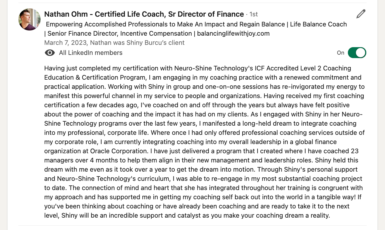Neuro-Shine Technology™ Shiny Minds Breakthrough Circle graduate testimonial highlighting transformational coaching success