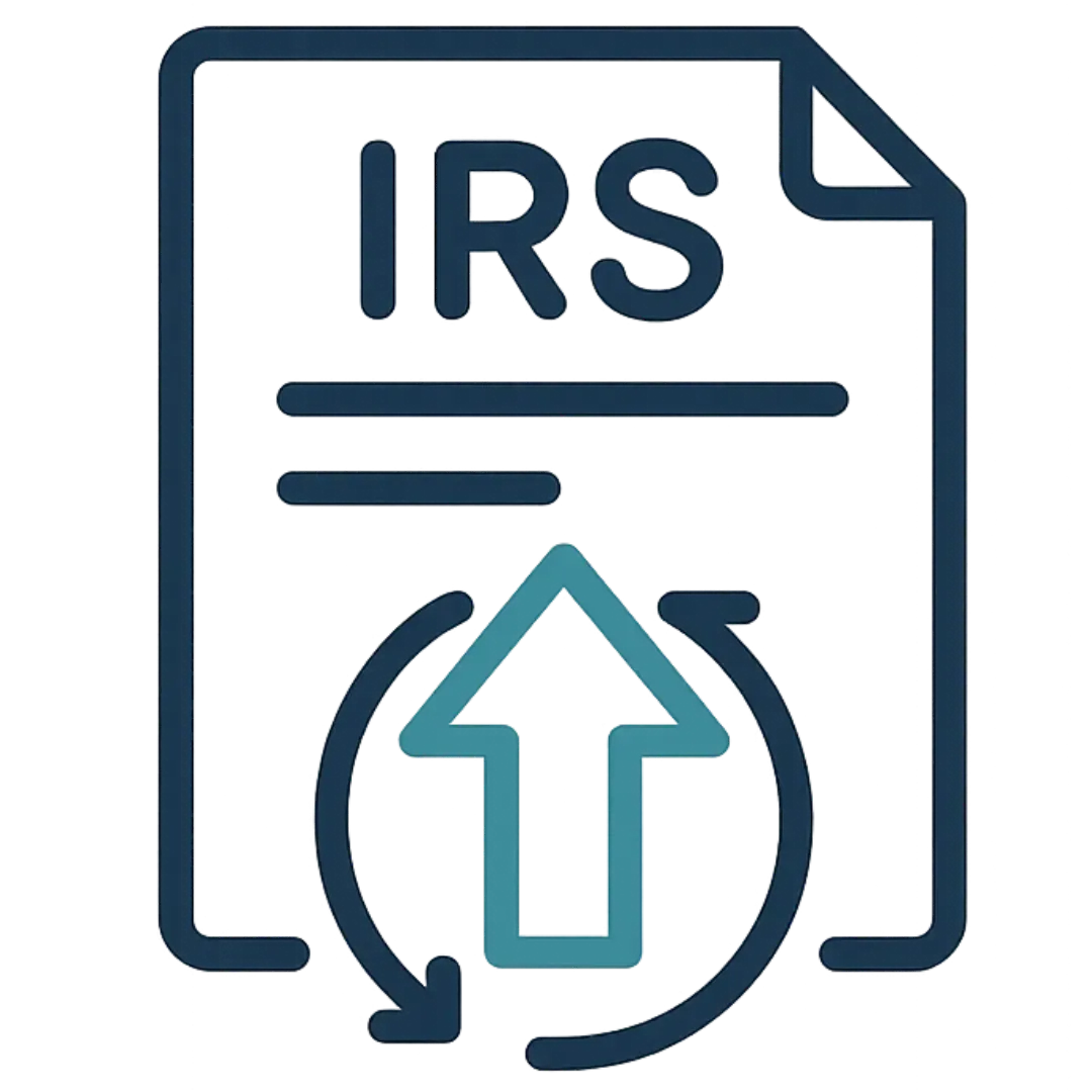 A flat vector of an IRS document with a large upward teal arrow in front, representing filing an appeal or requesting the IRS to reconsider a previous decision.