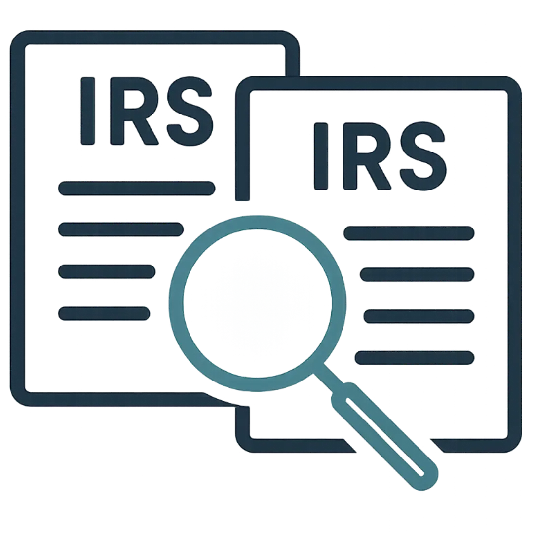Two overlapping IRS documents with a magnifying glass between them, symbolizing reviewing and comparing the IRS explanation for accuracy before taking action.