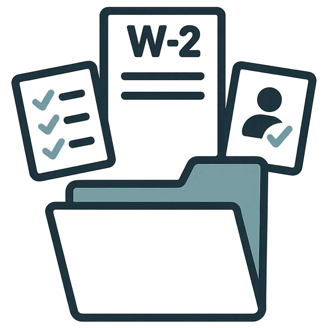 An open folder with a W-2 form, a checklist, and a profile card with a checkmark emerging from it, symbolizing submitting proof like income forms and dependents to the IRS.