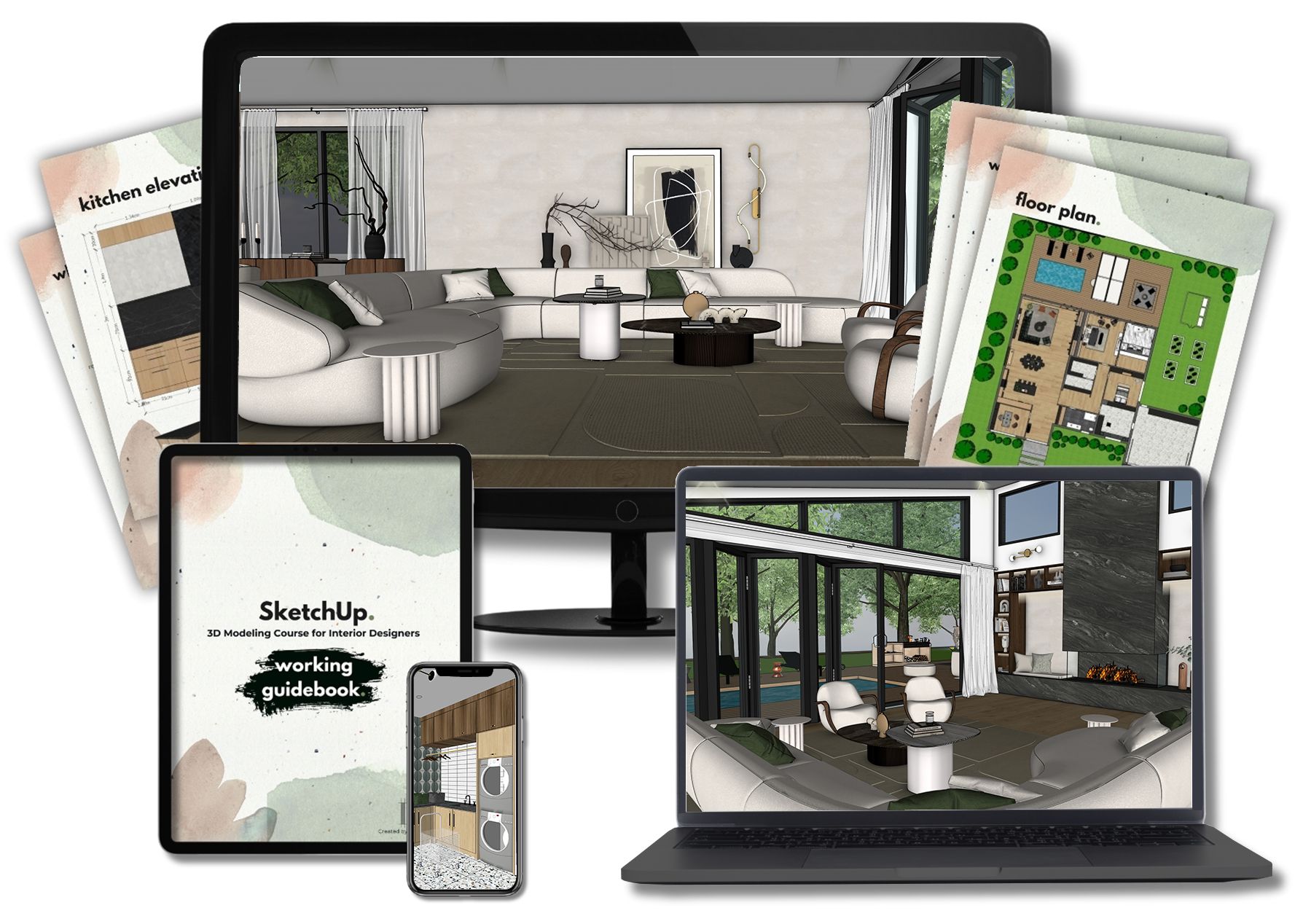 Digital mockups showing Interior Design Den’s self-paced online courses for interior designers — including AutoCAD drafting, SketchUp 3D modeling, and Enscape rendering. Visuals feature modern interior designs, course workbooks, and 3D models displayed on laptop and tablet screens