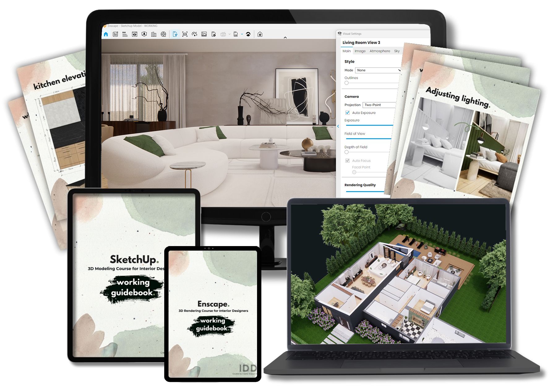 Digital mockups showing Interior Design Den’s self-paced online courses for interior designers — including AutoCAD drafting, SketchUp 3D modeling, and Enscape rendering. Visuals feature modern interior designs, course workbooks, and 3D models displayed on laptop and tablet screens