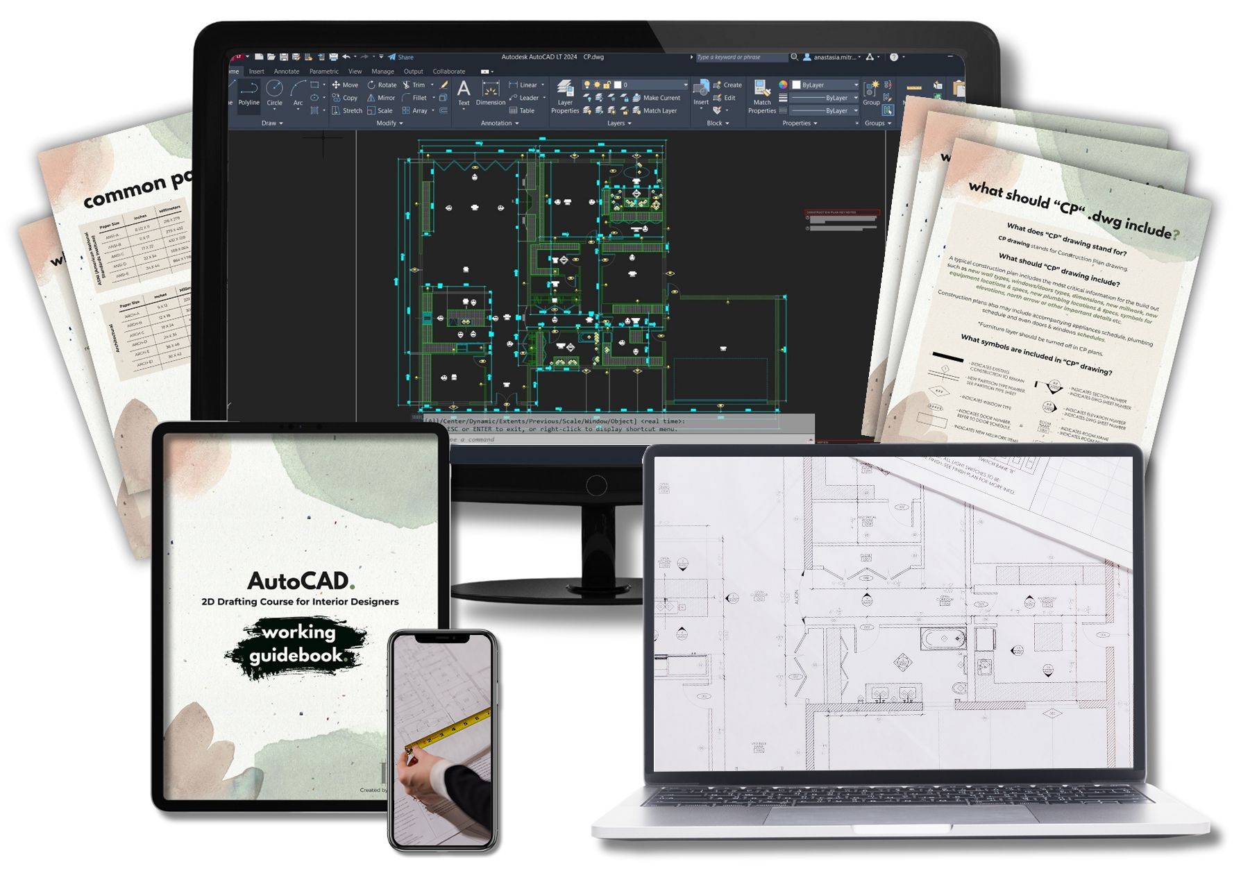 Digital mockups showing Interior Design Den’s self-paced online courses for interior designers — including AutoCAD drafting, SketchUp 3D modeling, and Enscape rendering. Visuals feature modern interior designs, course workbooks, and 3D models displayed on laptop and tablet screens