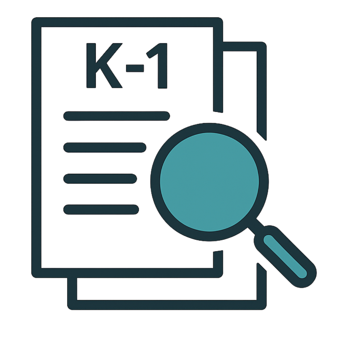 Two overlapping K-1 forms with a teal magnifying glass between them, representing comparison of the original K-1 with filed tax data.