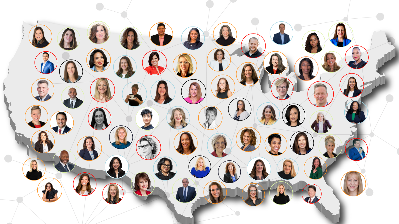 A map of the US with profile pictures of Members of CHRO Mastermind Group A private peer group for CHROs and Chief People Officers