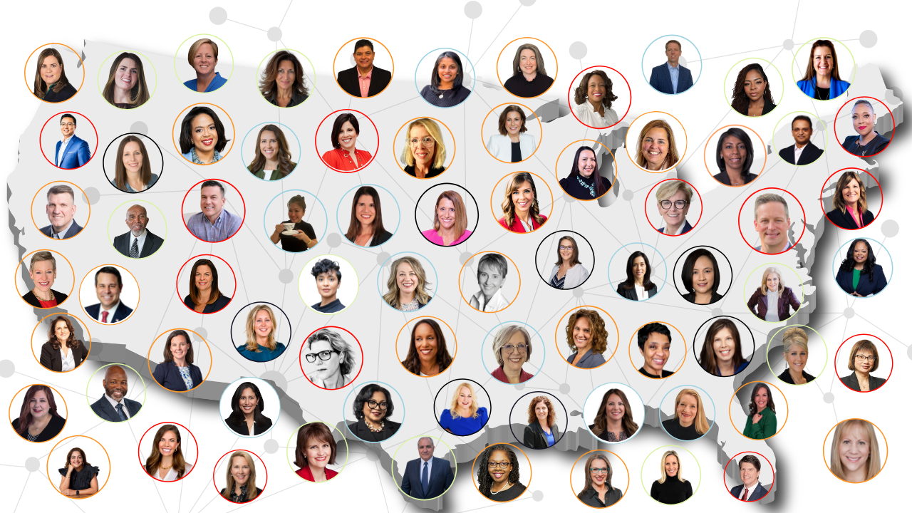 A map of the US with profile pictures of Members of CHRO Mastermind Group A private peer group for CHROs and Chief People Officers