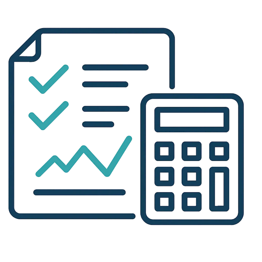 Flat vector icon showing a calculator and IRS document with teal checkmarks, representing reviewing eligibility and credit calculations.