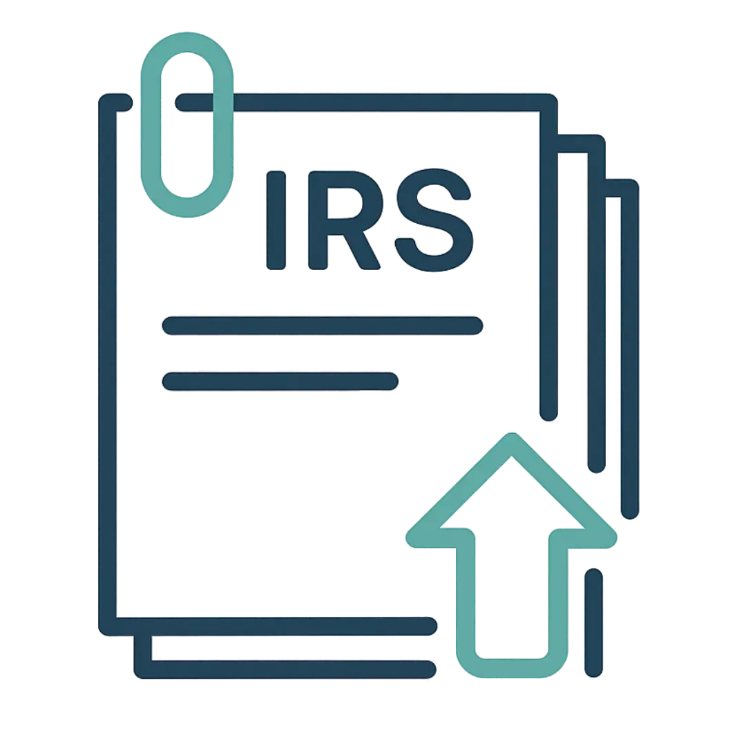 Flat vector icon showing stacked IRS forms with a teal paperclip and arrow, representing submitting documentation or repayment preparation.