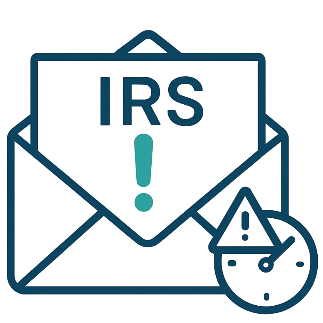 Flat vector icon showing an IRS envelope with an exclamation mark and clock, representing repayment demands and escalating penalties.