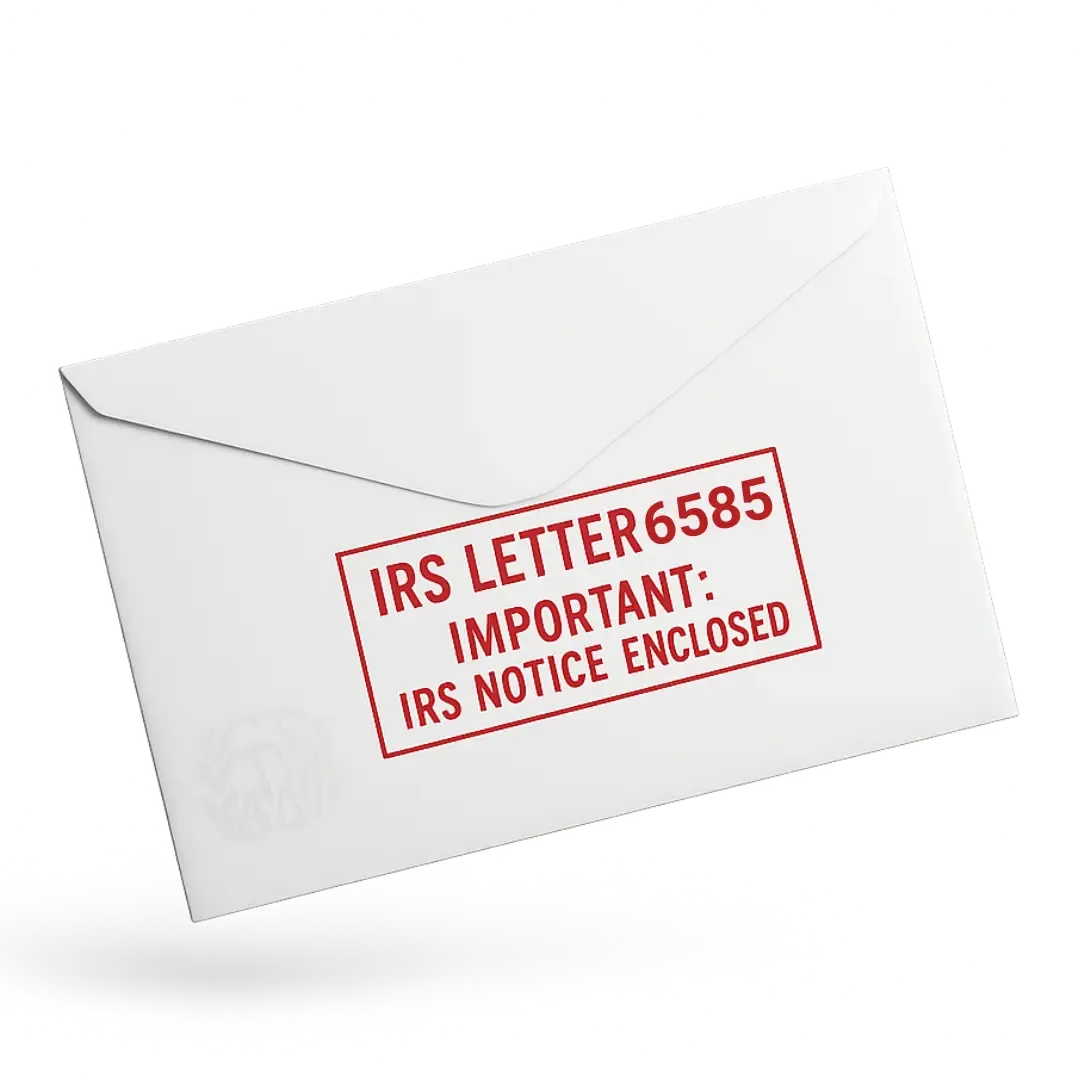 White envelope stamped in red with the words “IRS Letter 6585 – Important: IRS Notice Enclosed,” symbolizing an official IRS communication about crypto tax reporting.