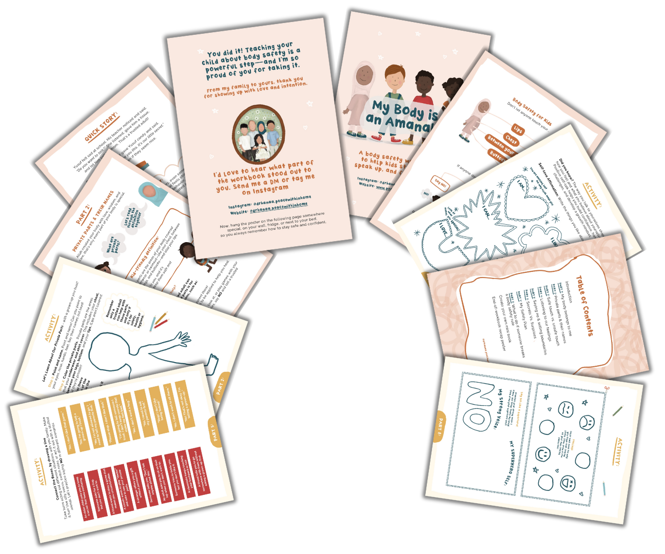 A spread of printable workbook pages from the Body Safety course