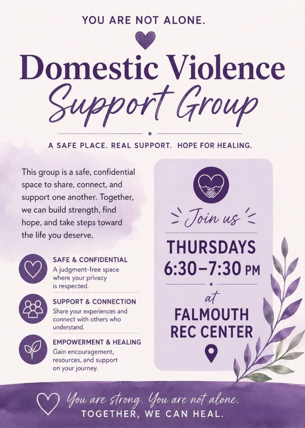 Domestic Violence Support Group flyer with meeting details for Thursdays from 6:30 PM to 7:30 PM at Falmouth Rec Center