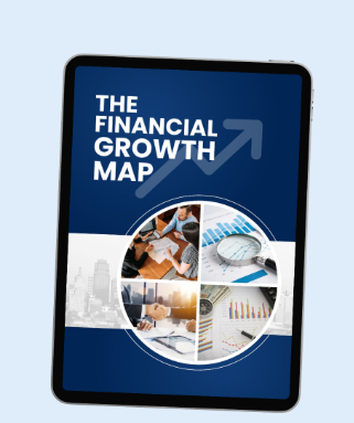 The Financial Growth Map eBook mockup showing financial charts and business planning graphics.