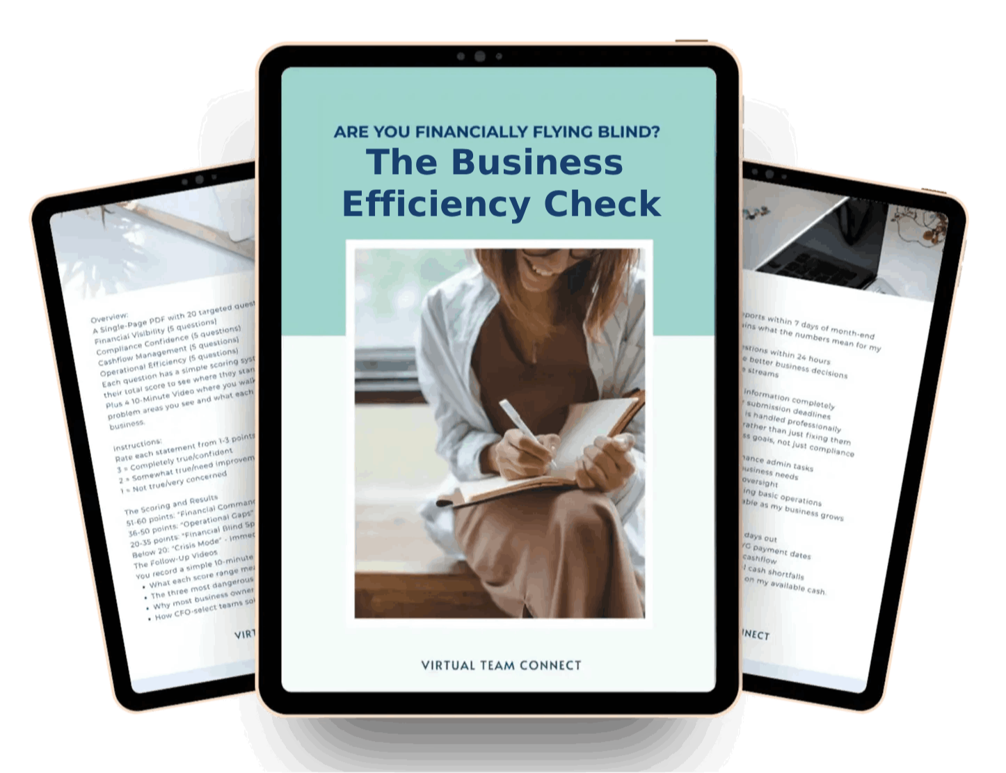 A tablet displays “The Business Efficiency Check” guide with two angled tablets beside it showing inside pages against a soft blue background.