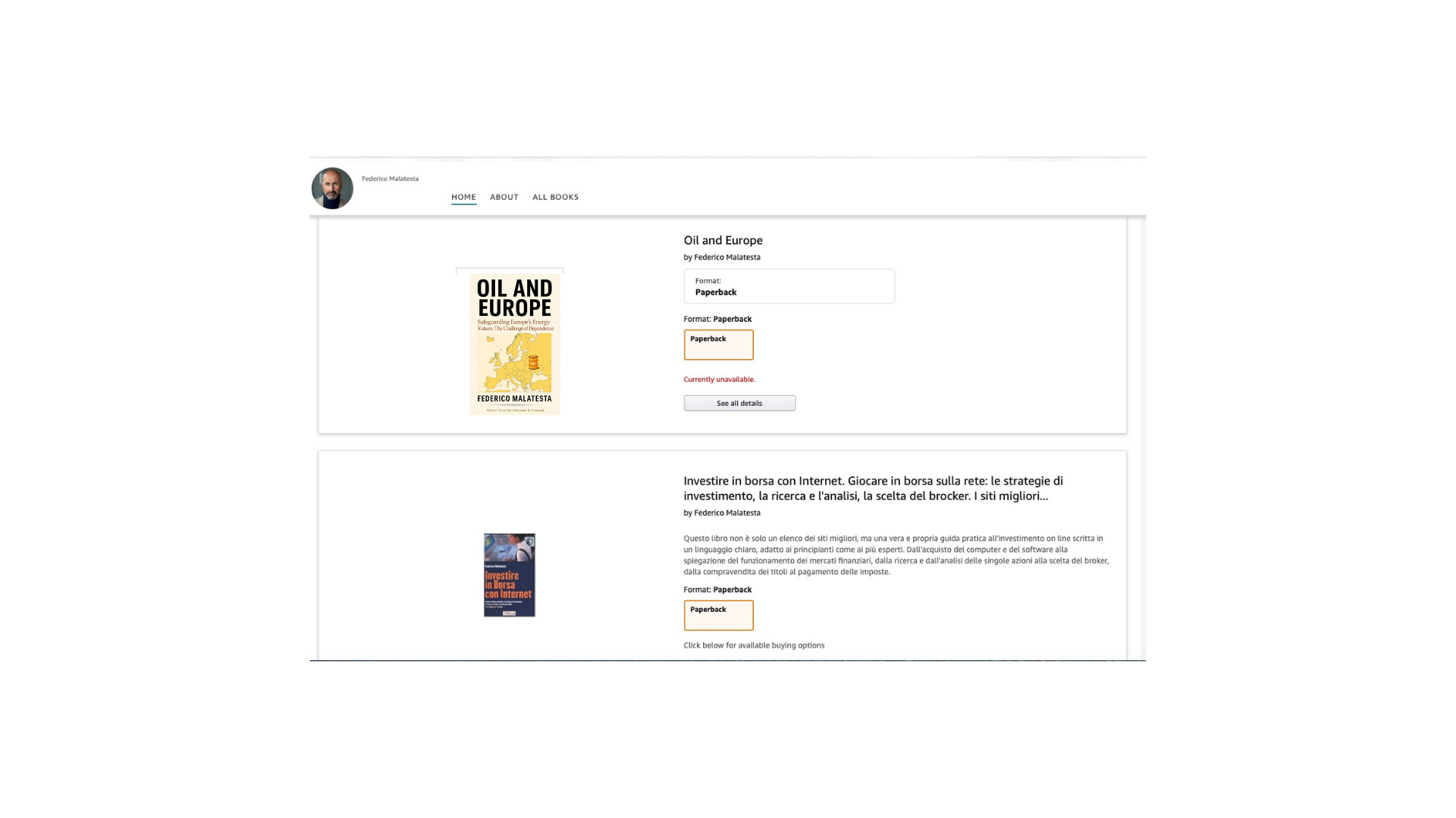 2 books by Federico Malatesta on Amazon catalogue, Oil and Europe, Trading on Line
