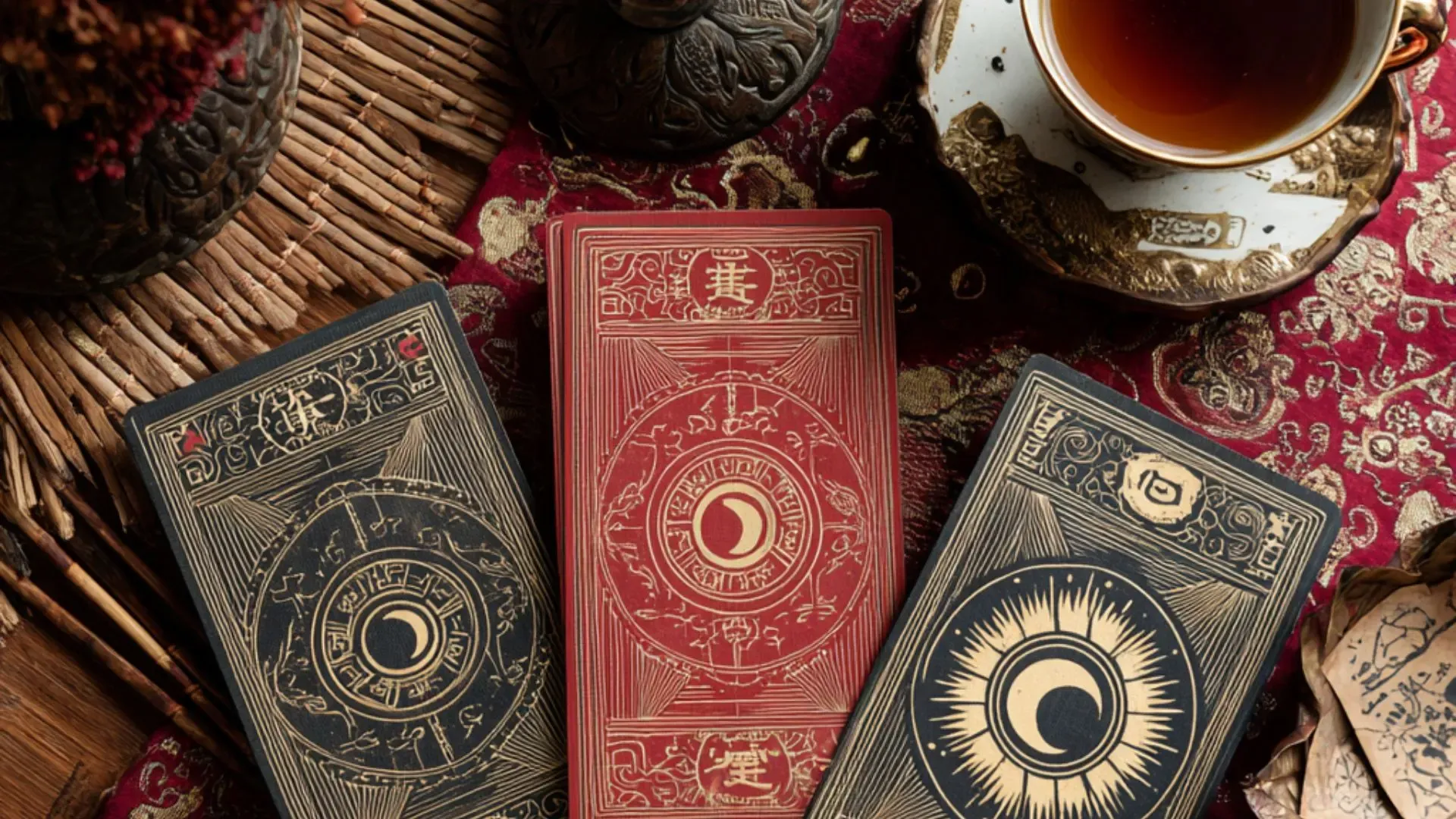 Flat lay of the Eastern Archetypes Tarot deck on jade-green silk with cherry blossom petals, gold-accented card backs, and a bronze tea cup — an elegant, mystical scene symbolizing reflection and Eastern wisdom.