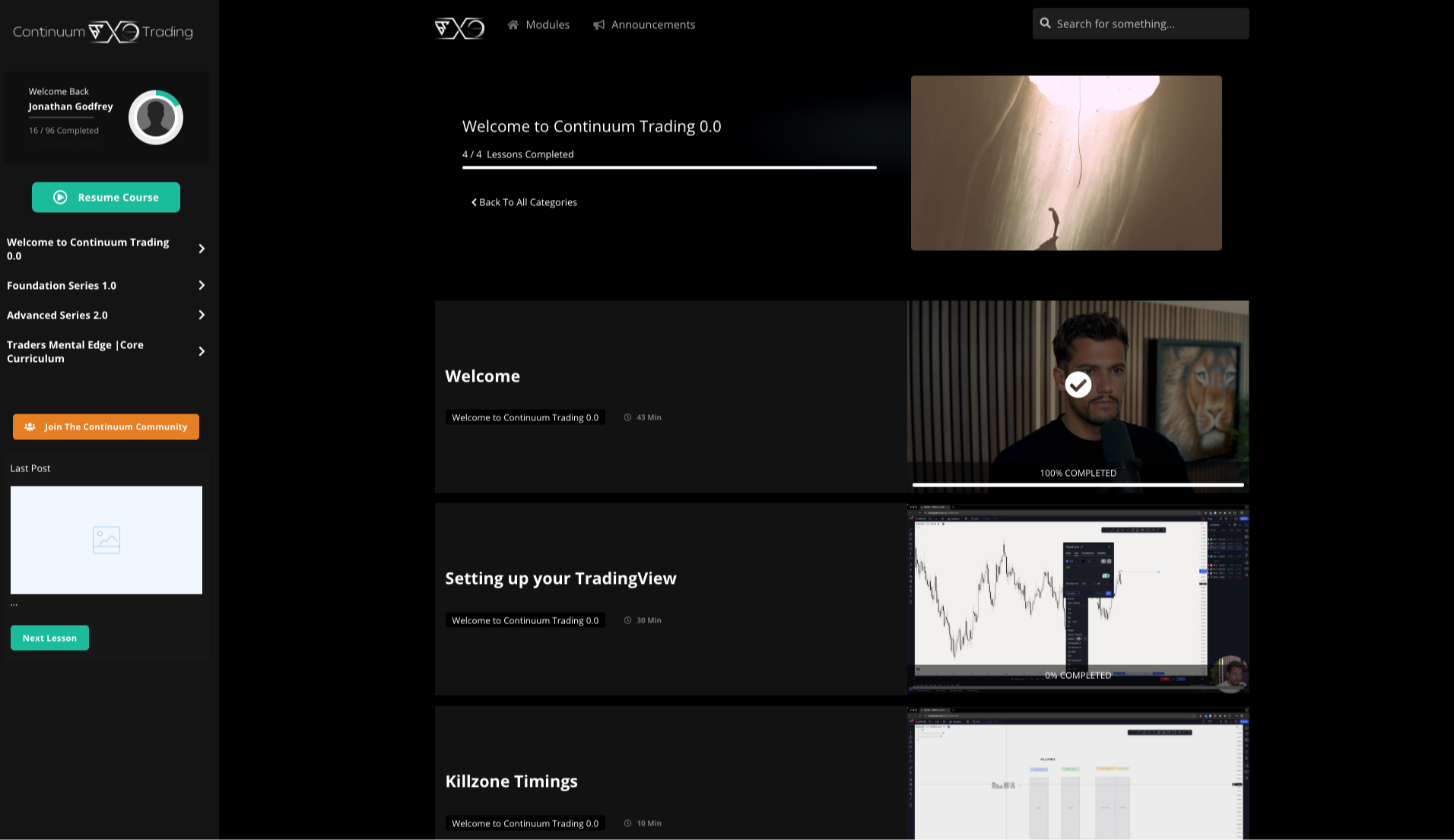Continuum Trading education dashboard preview