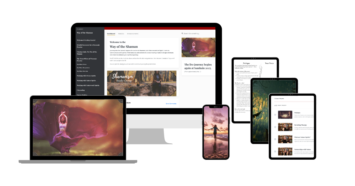 Visual mockup of the Way of the Shaman online course, showing guided journeys, lessons, and study guides across laptop, desktop, phone, and tablets—illustrating how the training works from anywhere.