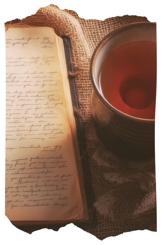 Open journal and cup of tea on a wooden table, symbolizing integrating shamanic rituals and sacred rhythm into daily life.