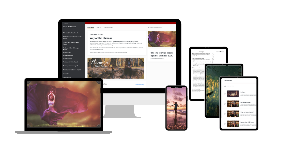 Course mockup showing the Way of the Shaman online program across laptop, desktop, tablet, and mobile devices, featuring lessons, guided journeys, study guides, and videos.