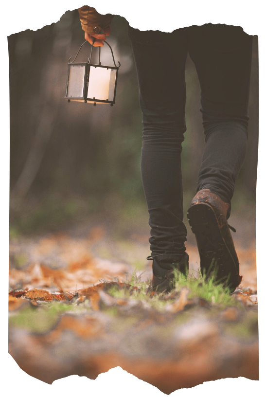 Person walking through the forest at dusk carrying a lantern, symbolizing shamanic understanding and navigating the unseen.
