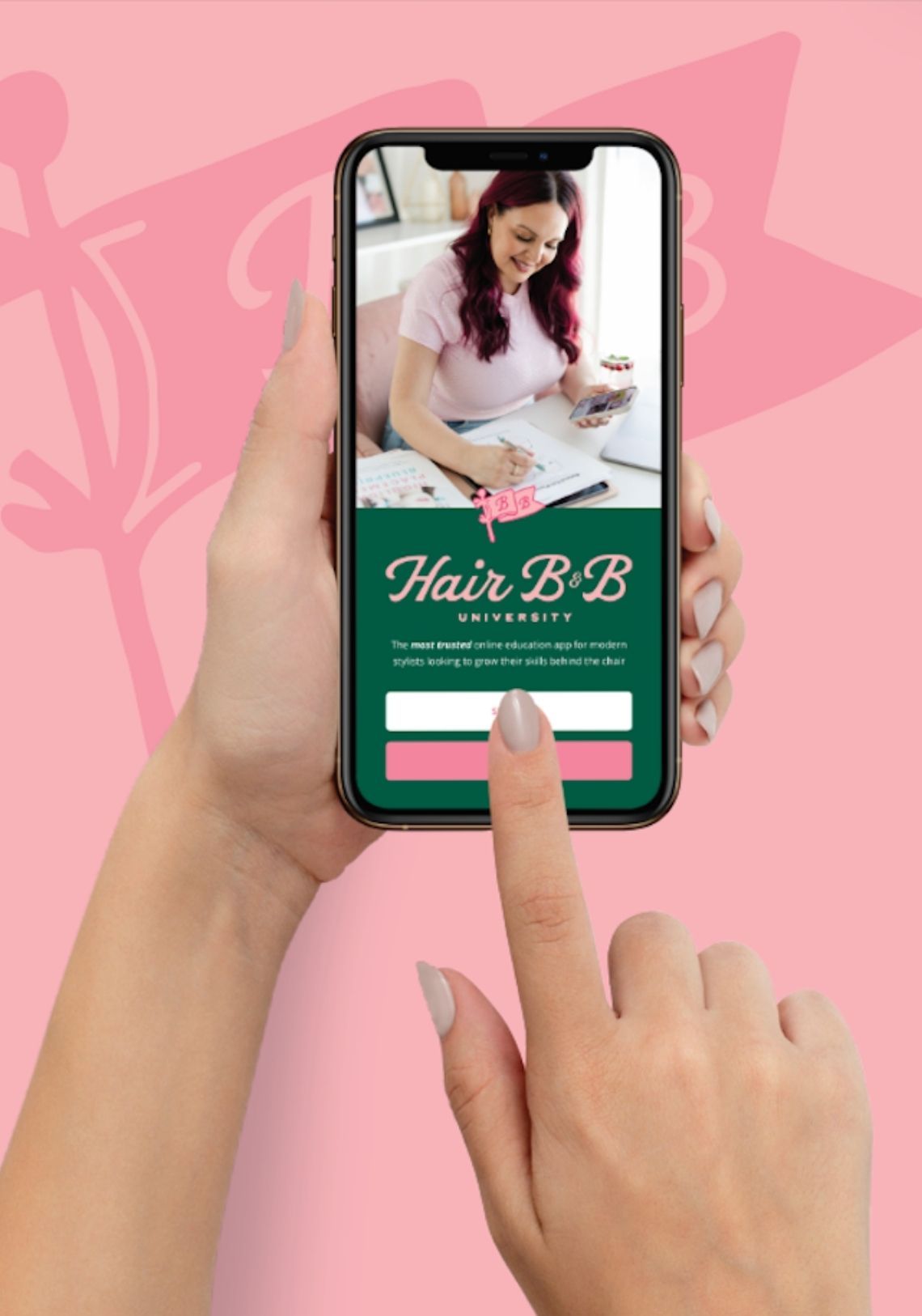 The Hair B&B University app open on a phone
