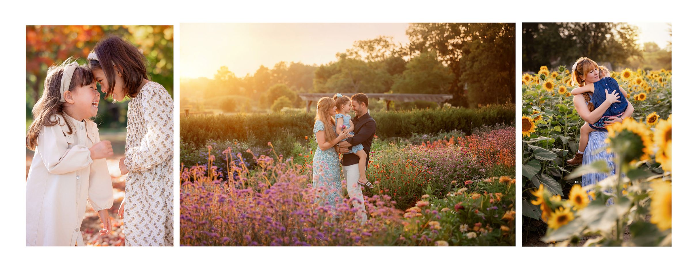 series of three photos, one of two girls laughing, family of three looking at each other in a flower field, and mom hugging daughter