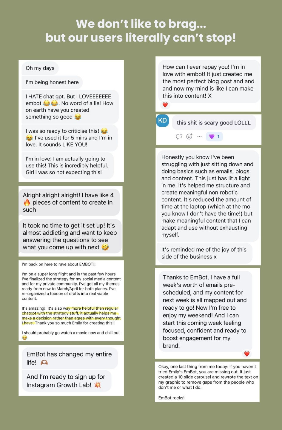 Testimonials from women entrepreneurs using EmBot, the AI content and messaging coaching tool built by Emily Tosoni, Instagram and business growth coach, to help women create content that sounds like them and converts.