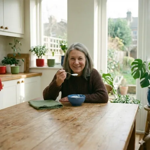 An older woman with long gray hair sits at a wooden kitchen table, smiling as she eats yogurt from a bowl. Sunlight fills the room and houseplants surround her, creating a warm, relaxed moment that reflects gentle nourishment and simple, real-life eating.