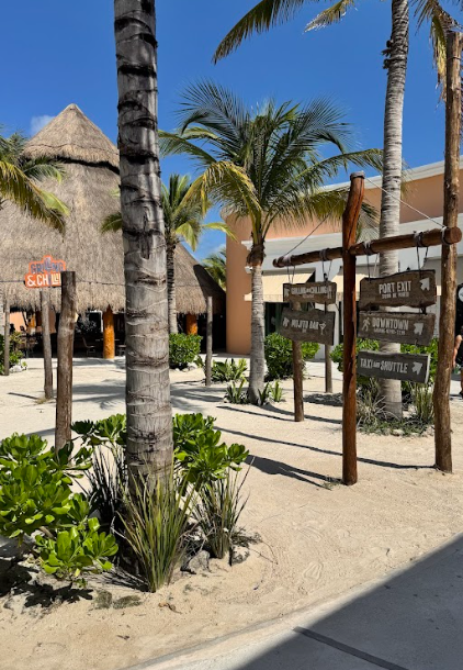 Nacional Beach Club: Rustic signs and palm trees lining the sandy entrance path