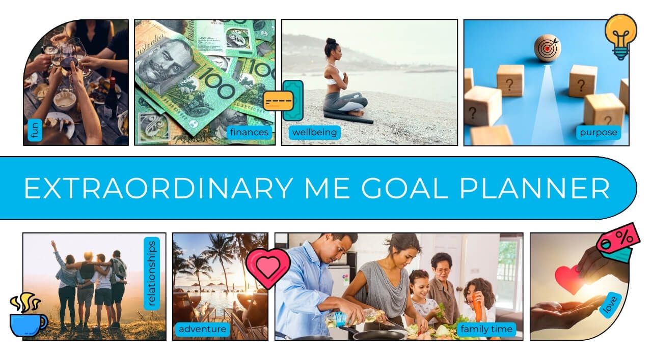Goal Planner Cover Image Banner illustrating life goals such as relationships, finances, wellbeing, purpose and growth