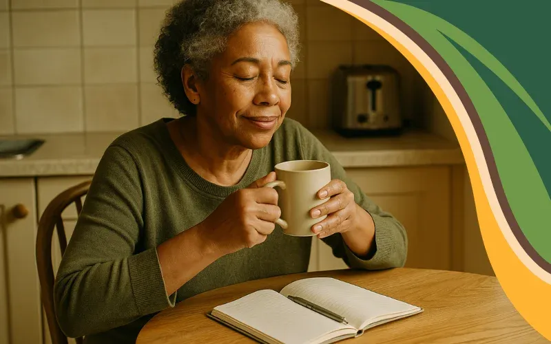African American woman in her late 50s sitting at a kitchen table with warm natural light, holding a mug of tea and journaling, creating a calm and reflective moment that aligns with health positivity.