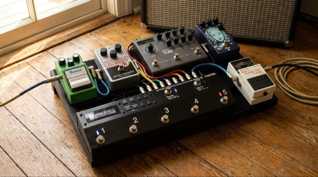 Boss ES-5 switcher on a custom guitar pedalboard setup with Strymon TimeLine and Ibanez Tube Screamer