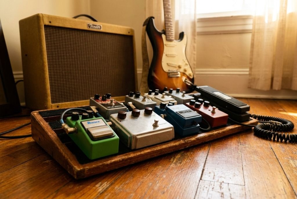 Real guitar gear setup showing a custom pedalboard with a Fender tweed amp and electric guitar