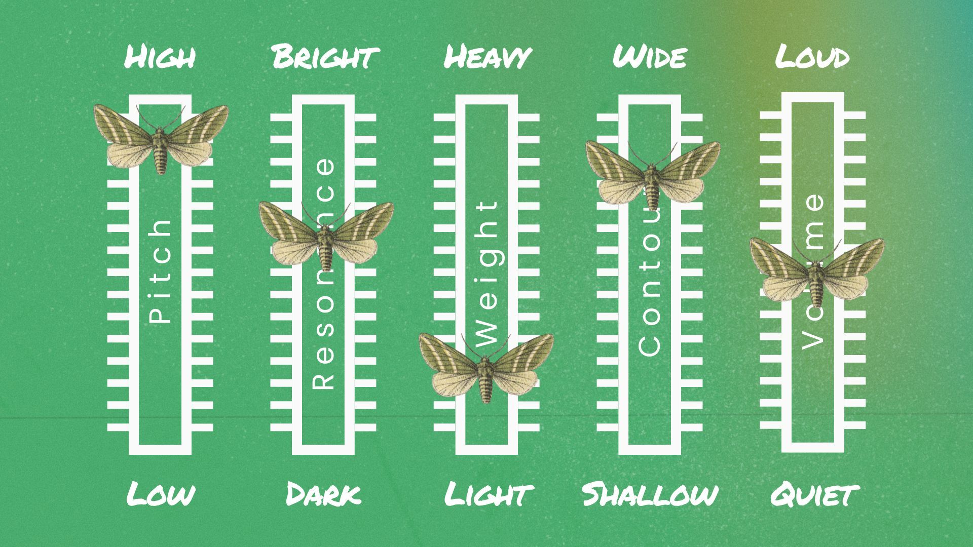 Voice mixing board tool showing five adjustable sliders for pitch, resonance, weight, contour, and volume for creating androgynous and nonbinary voices in transgender voice training