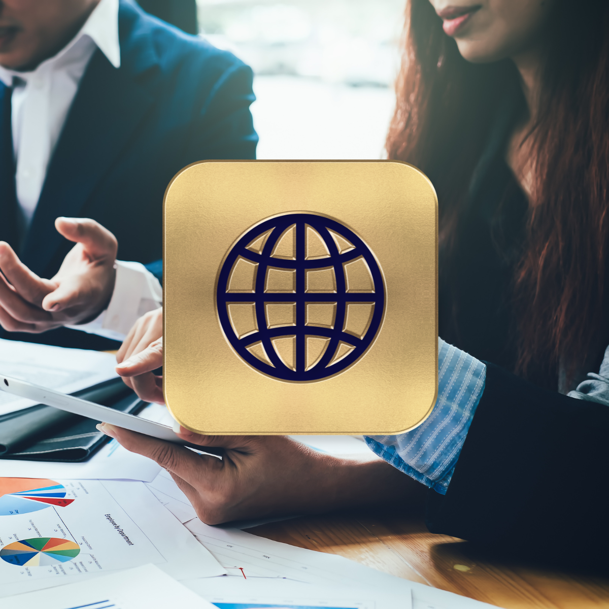 Two professionals discussing sustainability reporting in an office setting