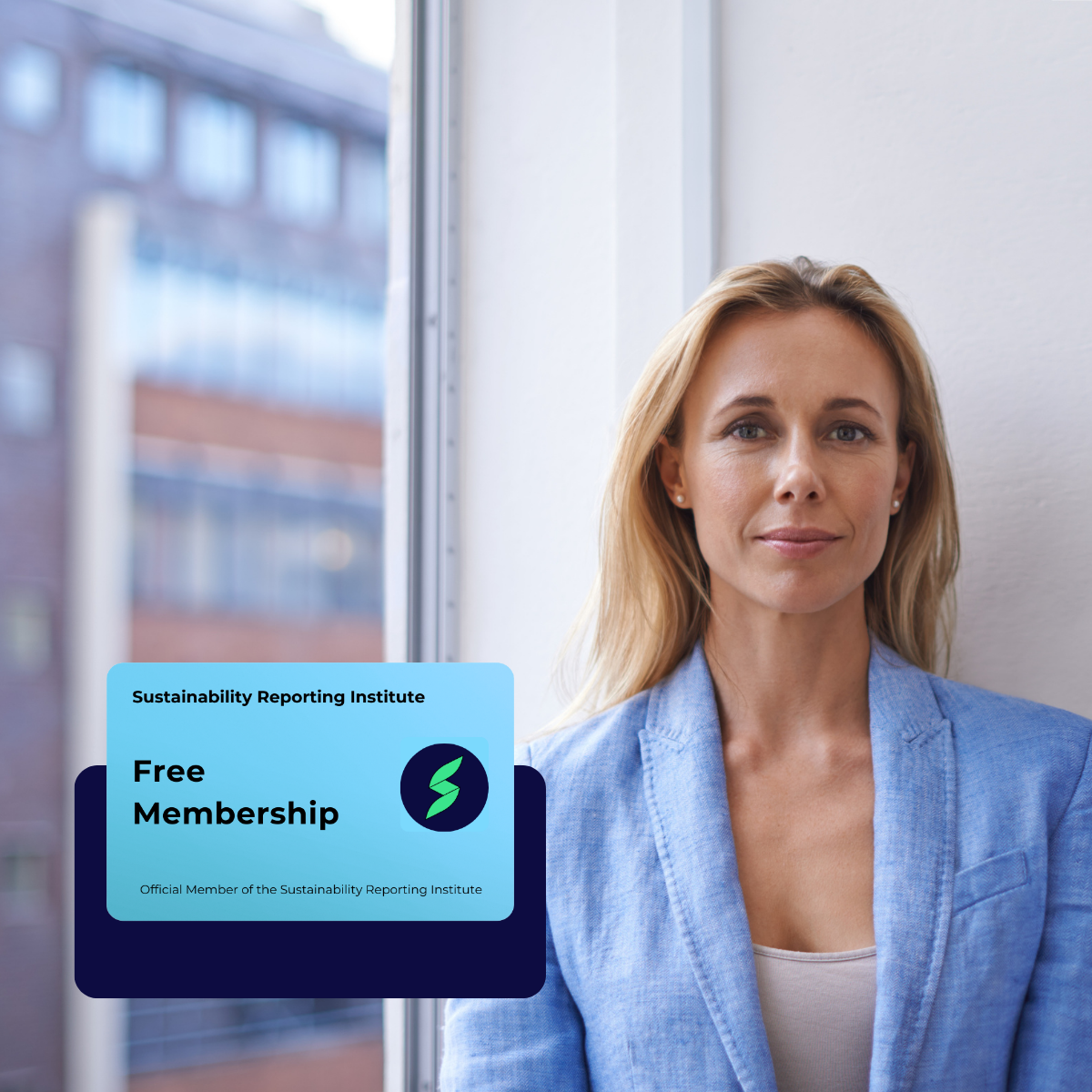 Professional woman in an office with a Free Membership card for sustainability reporting training