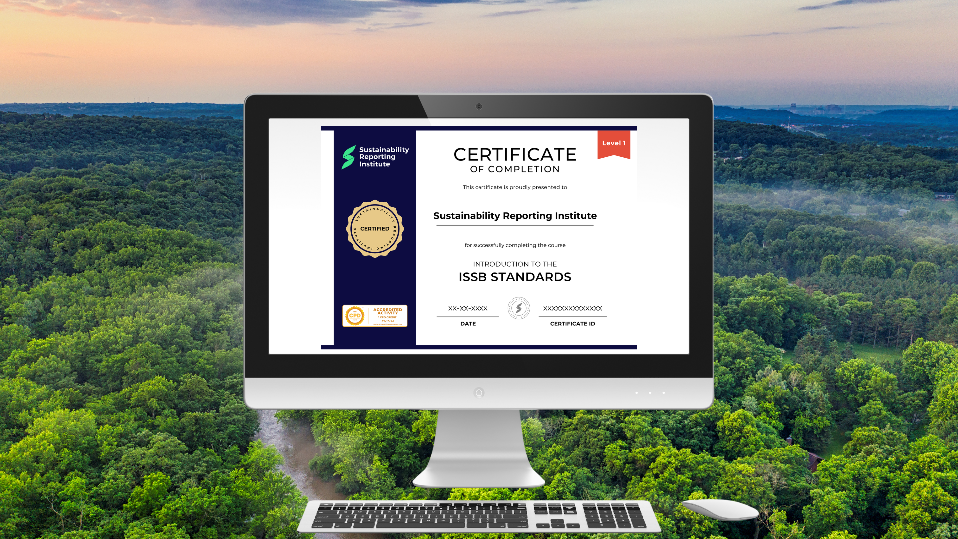 Computer screen displaying a Certificate of Completion for a Sustainability Reporting Institute course