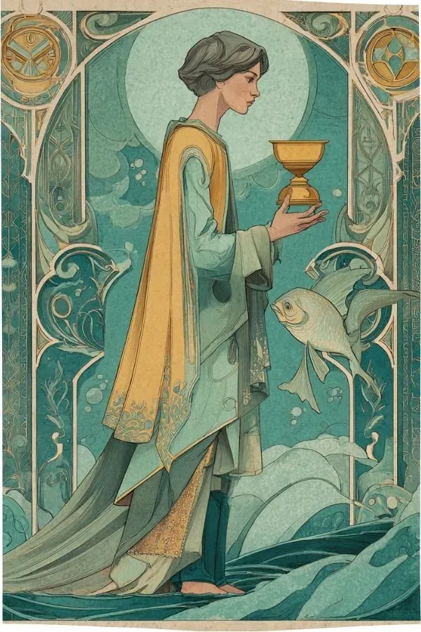 Shān shuǐ Chinese landscape painting with misty blue mountains, mirrored water, and a solitary figure on a rock. Represents the spiritual, expansive energy of the Major Arcana in the Eastern Arcana Tarot Deck.