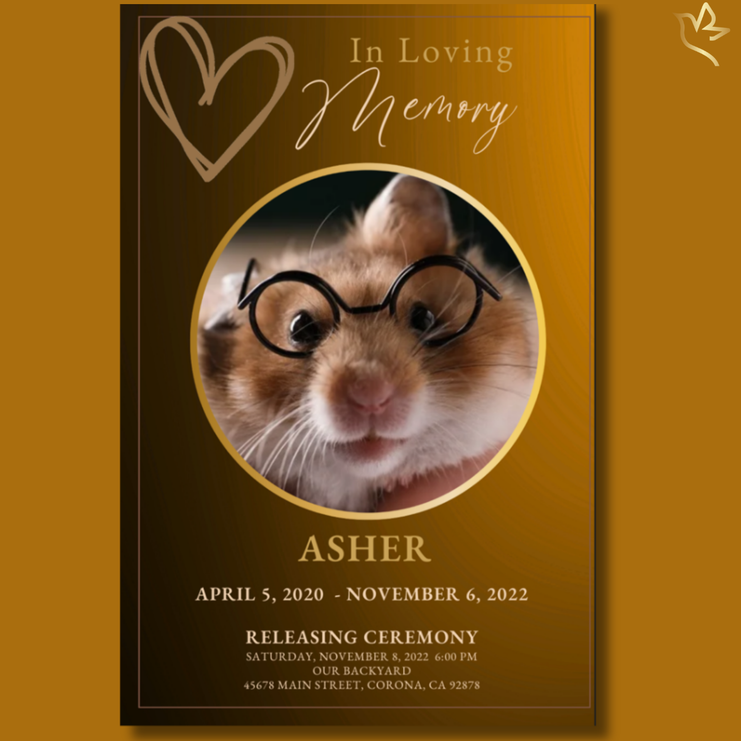 Golden Amber Pet Funeral Program front cover featuring warm amber gradients, circular portrait frame, soft heart sketch, elegant memorial layout, and gentle gold accents.
