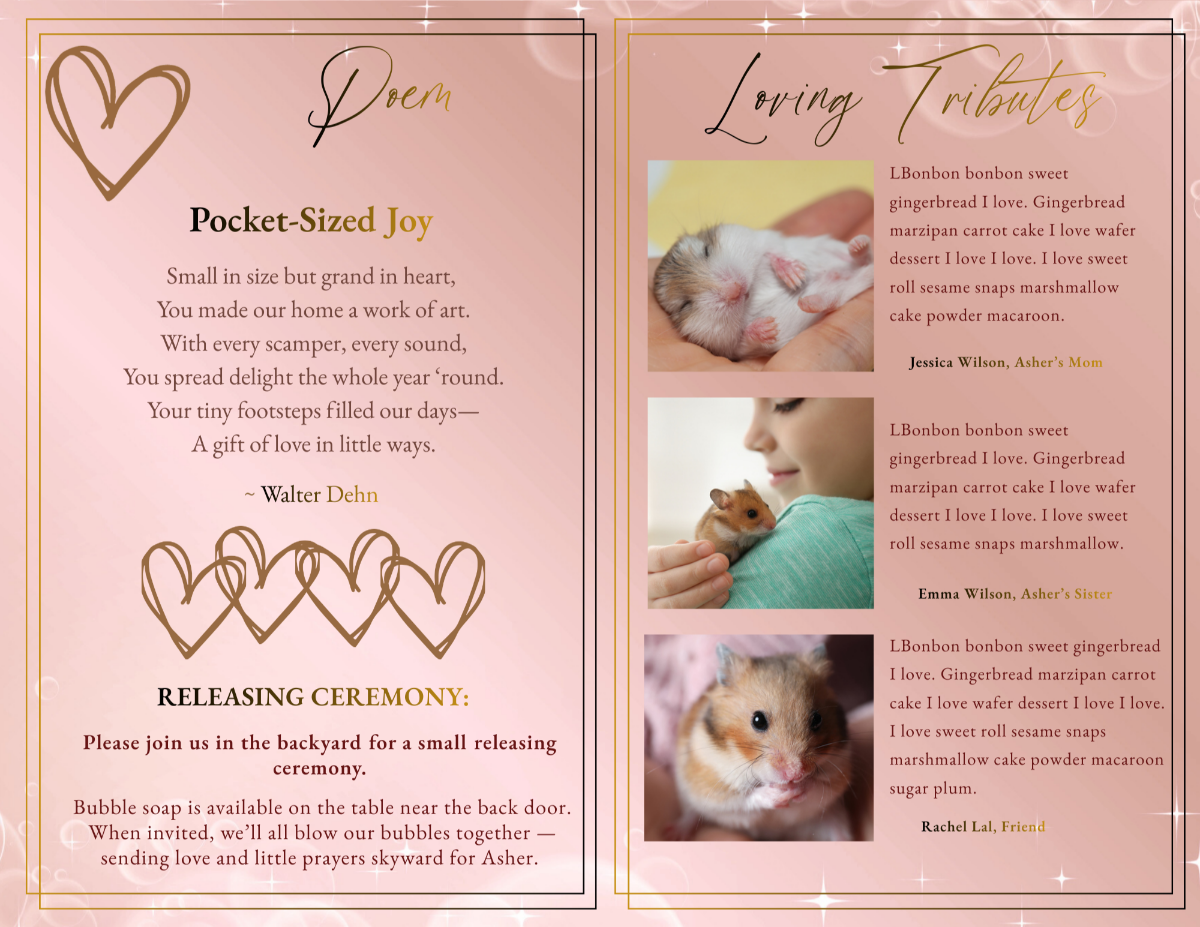 Poem and tribute spread featuring soft blush background, gold heart illustrations, and memorial poem layout paired with loving tribute messages and pet photos.