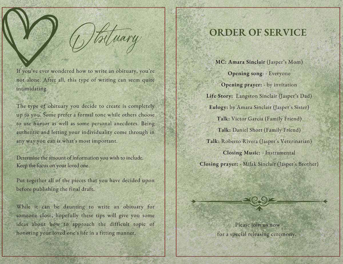 Obituary page with heart illustration and sage textured background; matching order of service with green decorative divider and simple, elegant layout.