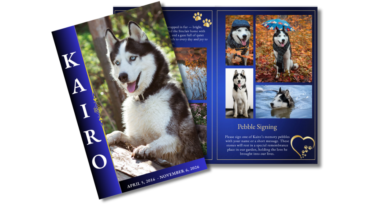 Pet dog funeral program front cover with husky image alongside open interior pages showing structured photo collage layouts.