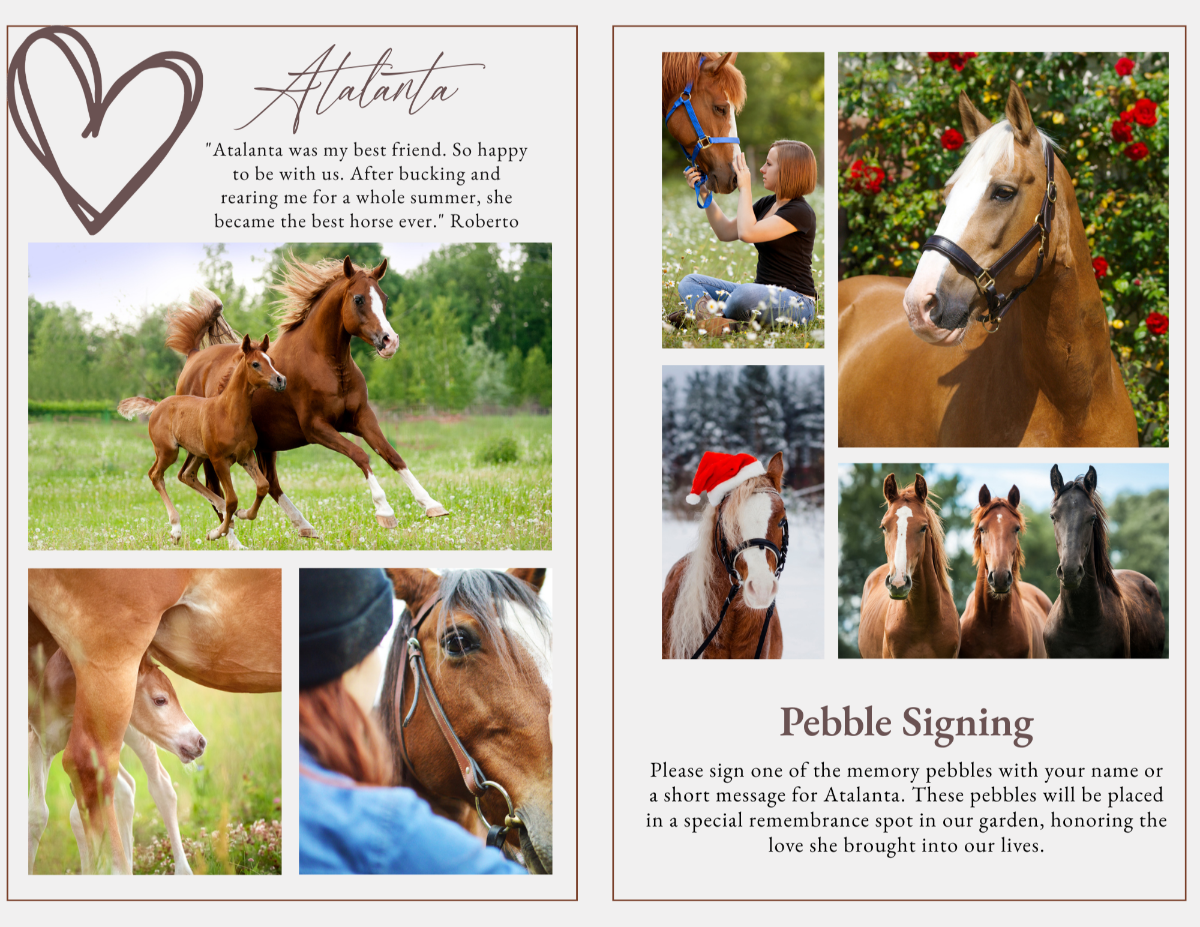 Photo collage page with space for a heartfelt poem or meaningful quote, highlighted with elegant horseshoe and line-art embellishments.