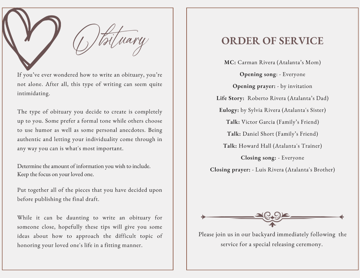 Interior pages displaying obituary text and order of service layout surrounded by warm chestnut borders and equestrian design touches.