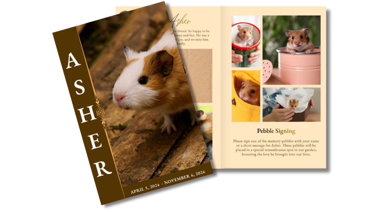 Small pet funeral program cover featuring a tiny hamster and open photo collage pages on a rustic wooden surface, with warm brown tones and soft lighting, paired with elegant vertical name typography.