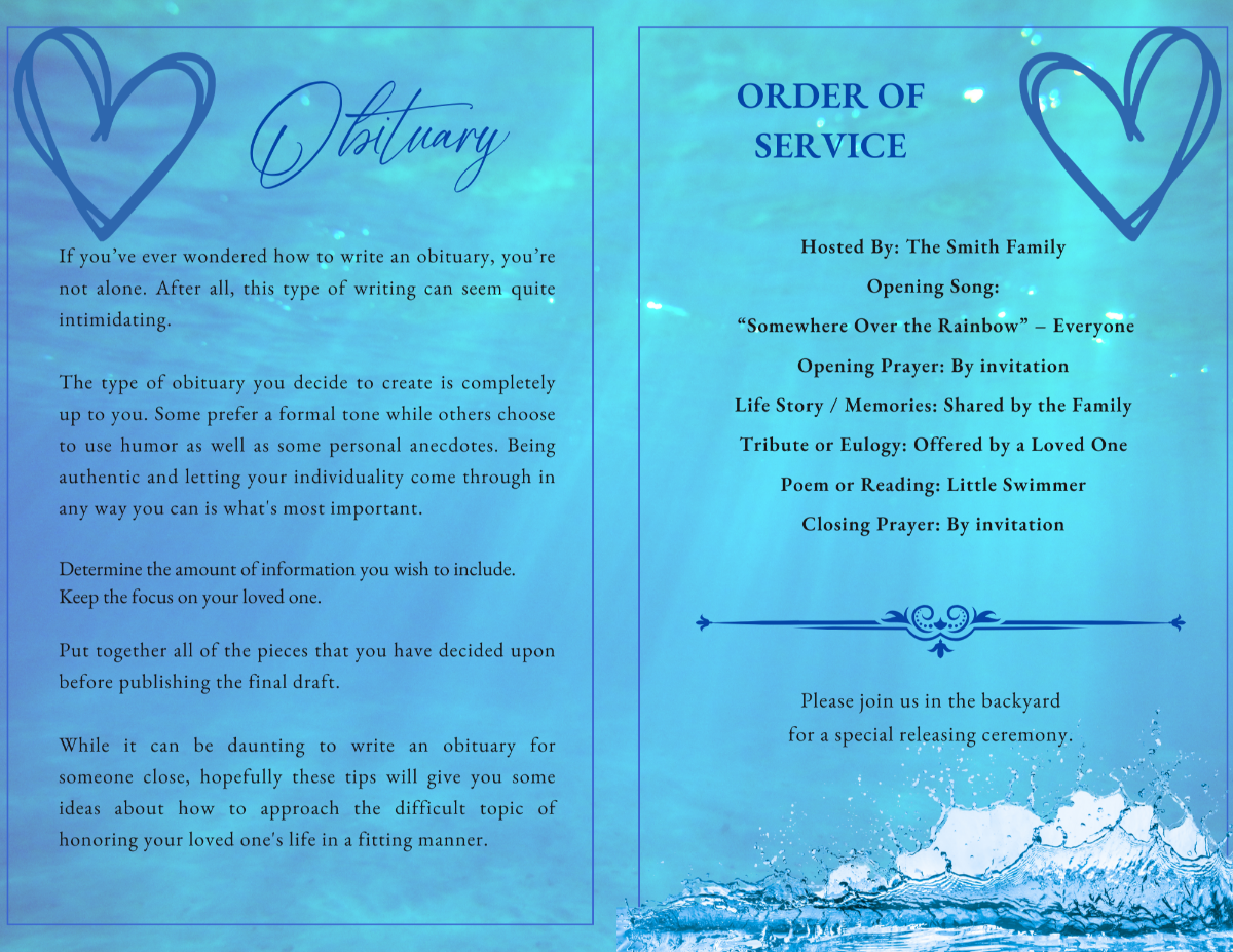 Left page displays obituary text over a calm underwater blue background with a blue heart graphic. Right page lists the order of service with matching blue heart accents and subtle water textures.