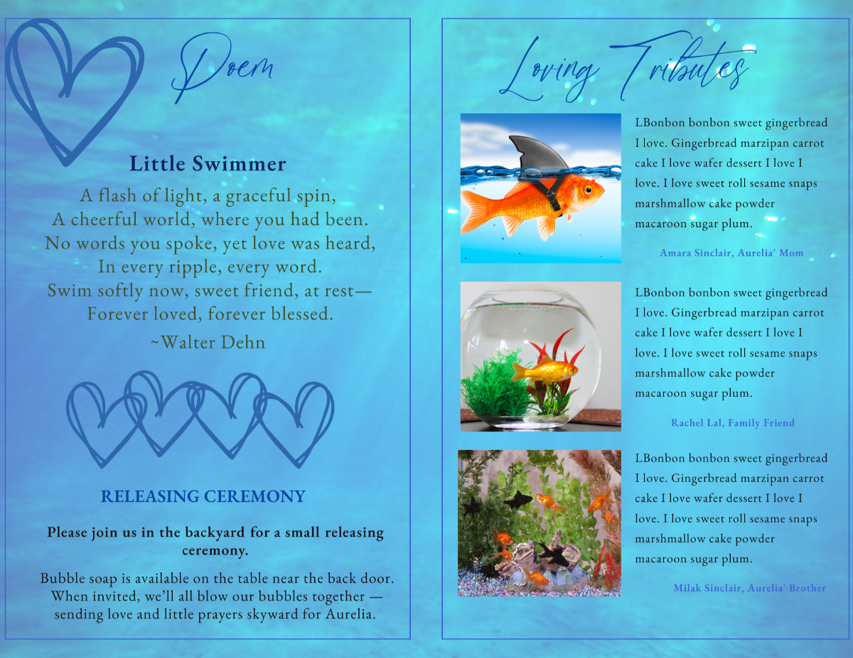 Left page shows the poem Little Swimmer with blue heart graphics on a watery blue backdrop. Right page includes loving tributes and vertical photo column of goldfish image.