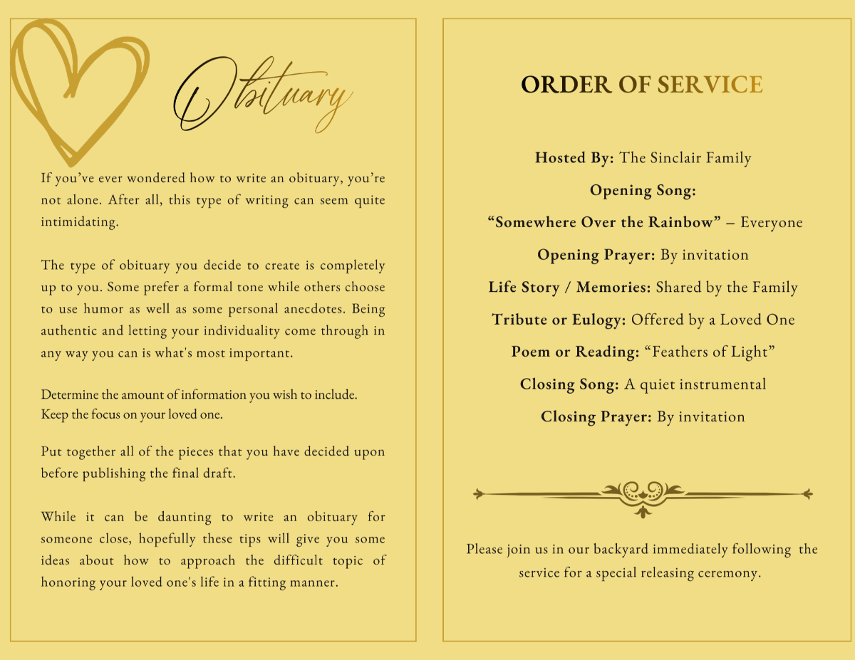 Obituary page with elegant script heading and serif body text on a golden background, paired with an Order of Service page featuring centered memorial details.